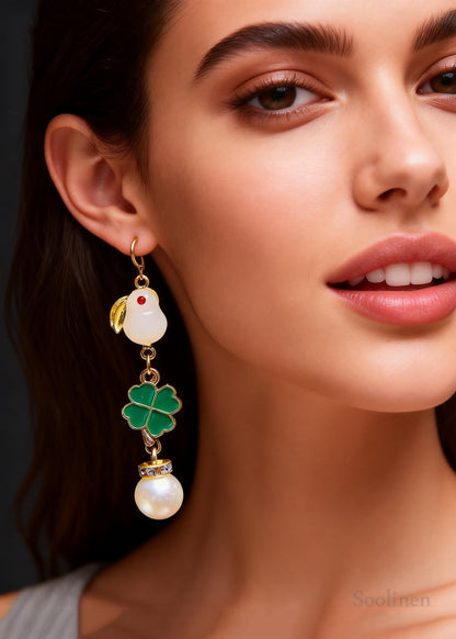 Cute Little White Rabbit Jade Fine Pearl Drop Earrings