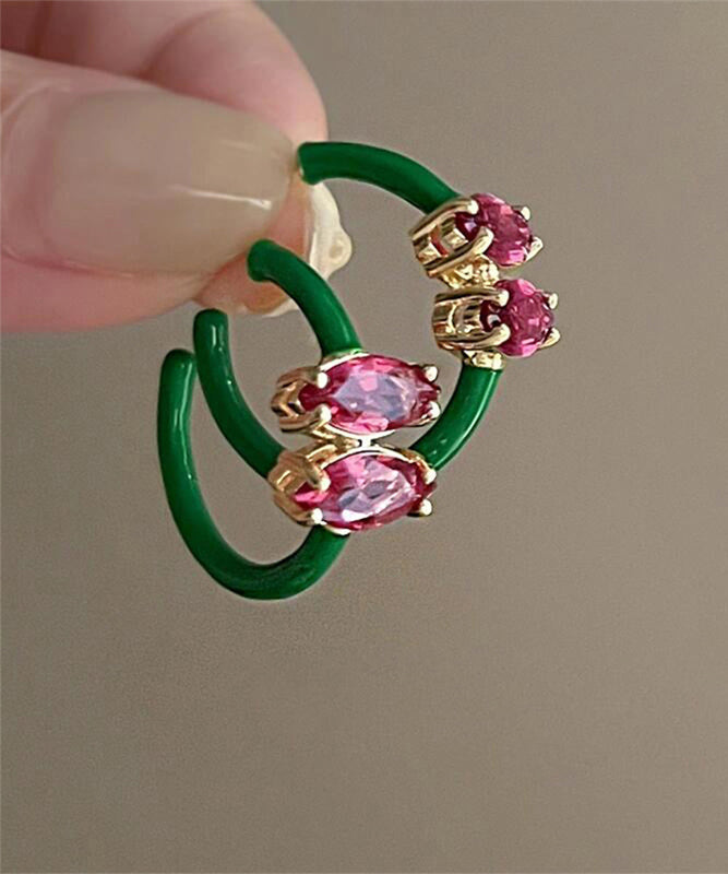 Cute Pink Alloy Crystal Zircon C-Shaped Hoop Earrings