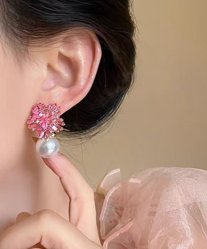 Cute Pink Copper Zircon Pearl Drop Earrings