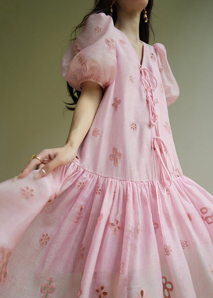 Cute Pink Embroidered Tie Lace Mid Dress Summer