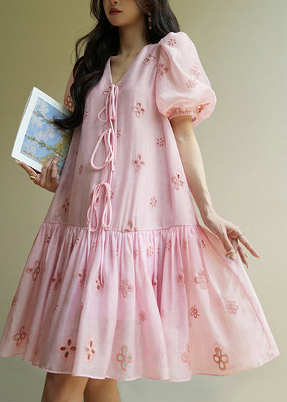 Cute Pink Embroidered Tie Lace Mid Dress Summer