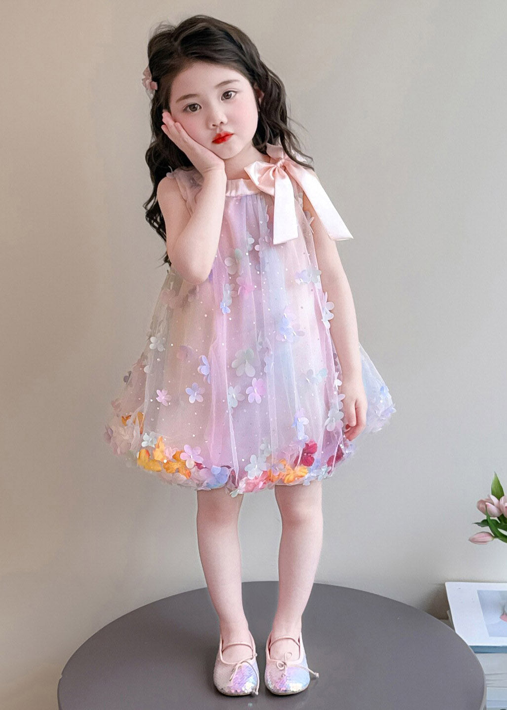 Cute Pink Floral Bow Tulle Girls Maxi Dresses Summer