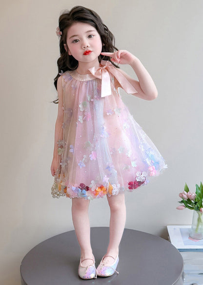 Cute Pink Floral Bow Tulle Girls Maxi Dresses Summer