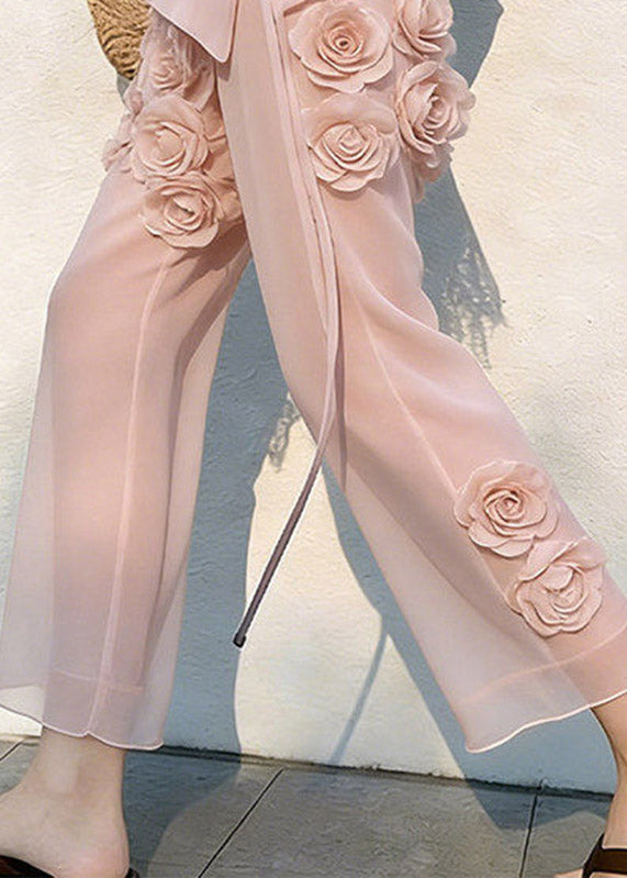 Cute Pink Floral Patchwork Tulle Crop Pants