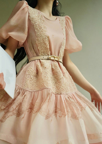 Cute Pink O-Neck Embroidered Floral Mid Dresses Summer