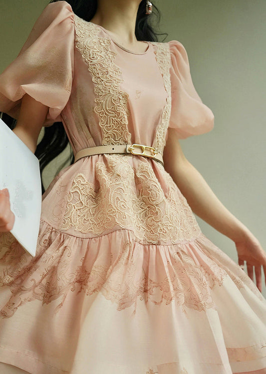 Cute Pink O-Neck Embroidered Floral Mid Dresses Summer