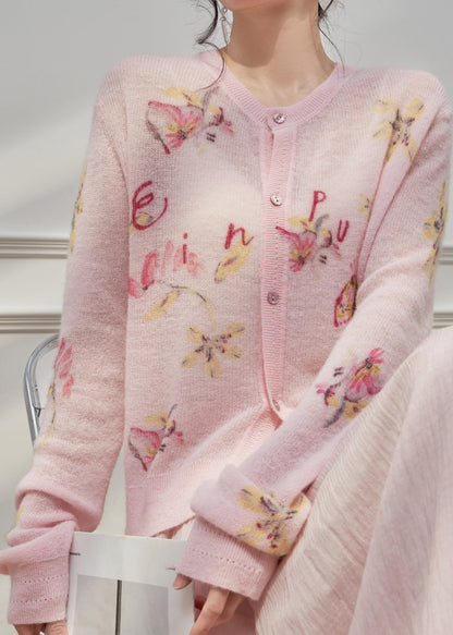 Cute Pink O-Neck Print Button Knit Cardigans Spring