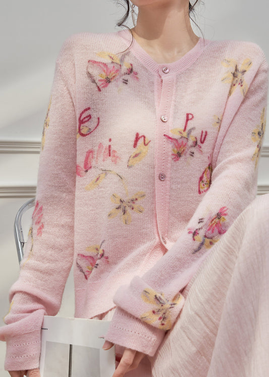 Cute Pink O-Neck Print Button Knit Cardigans Spring