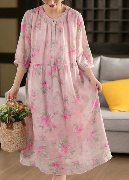 Cute Pink O-Neck Print Patchwork Linen Maxi Dress Half Sleeve