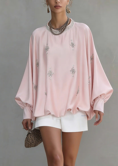 Cute Pink O-Neck Zircon Silk Shirt Spring
