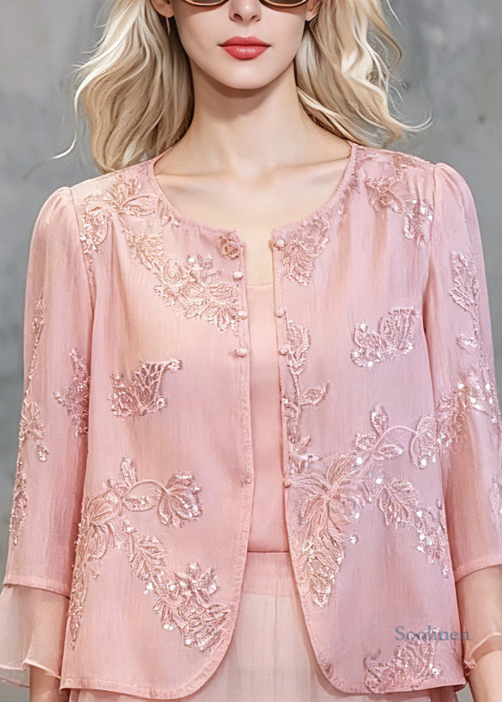 Cute Pink Patchwork Button Fake Two-Piece Chiffon Shirt Three Quarter Sleeve