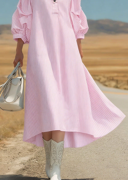 Cute Pink Peter Pan Collar Striped Long Dress Three Quarter Sleeve