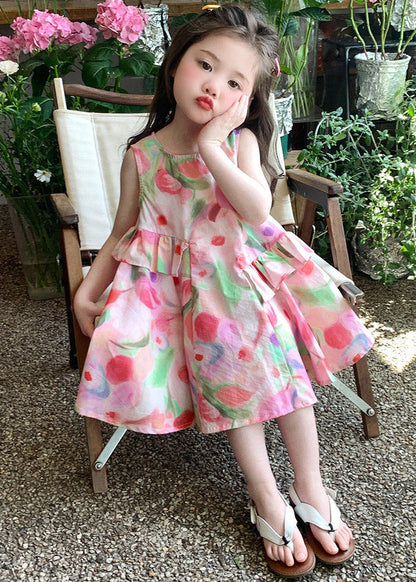 Cute Pink Ruffled Asymmetrical Print Girls Maxi Dresses Sleeveless