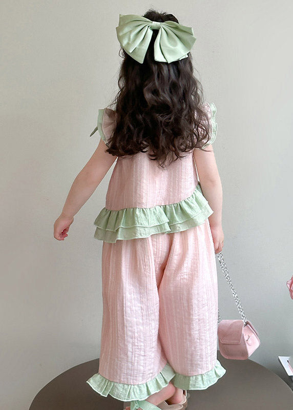 Cute Pink Ruffled Bow Patchwork Kids Top And Wide Leg Pants Two Pieces Set Short Sleeve