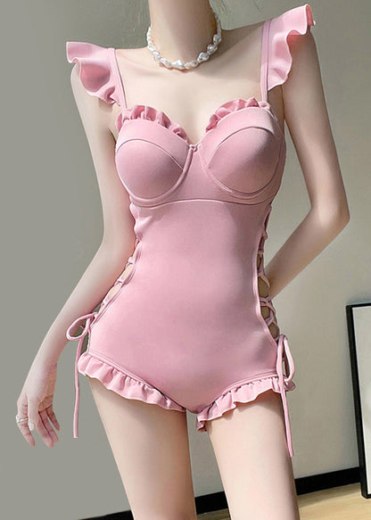 Cute Pink Ruffled Patchwork Tie Waist Bodysuit