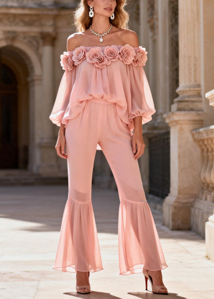 Cute Pink Slash Neck Chiffon Top And Flared Trousers Two Pieces Set Lantern Sleeve