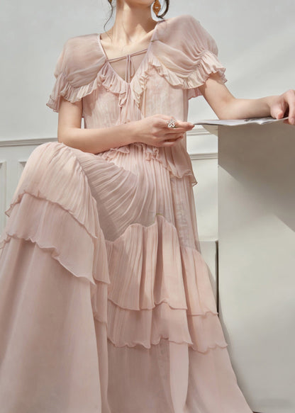 Cute Pink V Neck Ruffled Patchwork Long Dress Short Sleeve