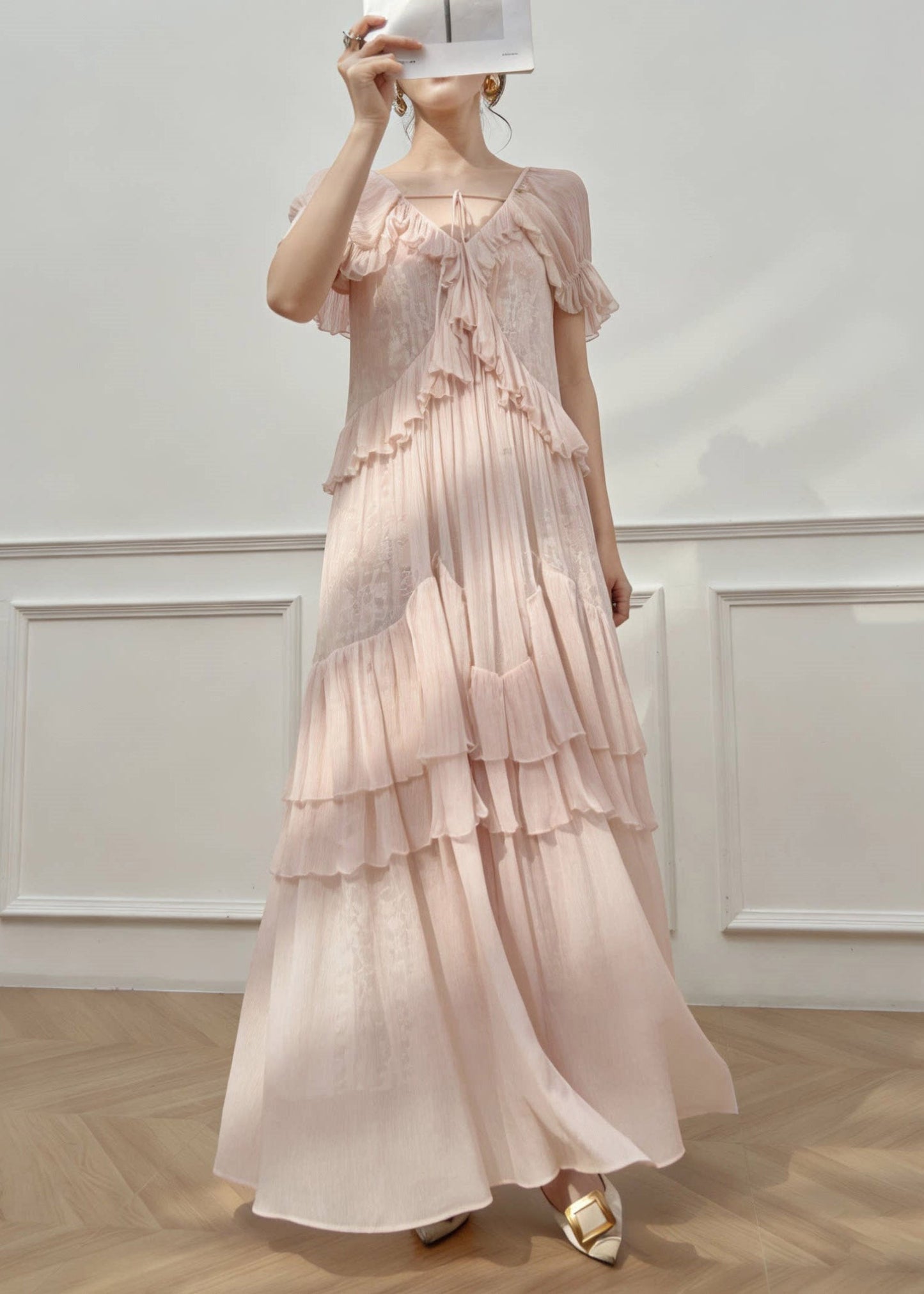 Cute Pink V Neck Ruffled Patchwork Long Dress Short Sleeve