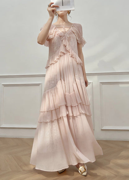 Cute Pink V Neck Ruffled Patchwork Long Dress Short Sleeve