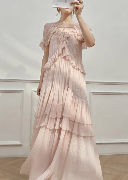 Cute Pink V Neck Ruffled Patchwork Long Dress Short Sleeve