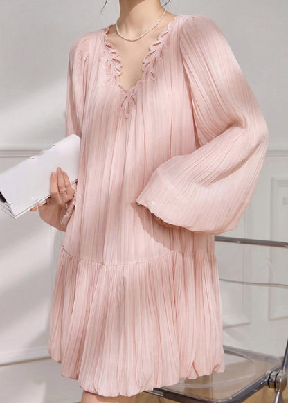 Cute Pink V Neck Solid Mid Dress Spring