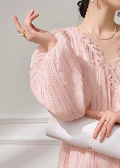 Cute Pink V Neck Solid Mid Dress Spring