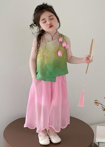 Cute Print Stand Collar Tulip Kids Top And Wide Leg Pants Two Piece Set Summer