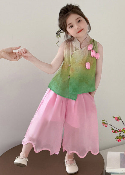Cute Print Stand Collar Tulip Kids Top And Wide Leg Pants Two Piece Set Summer