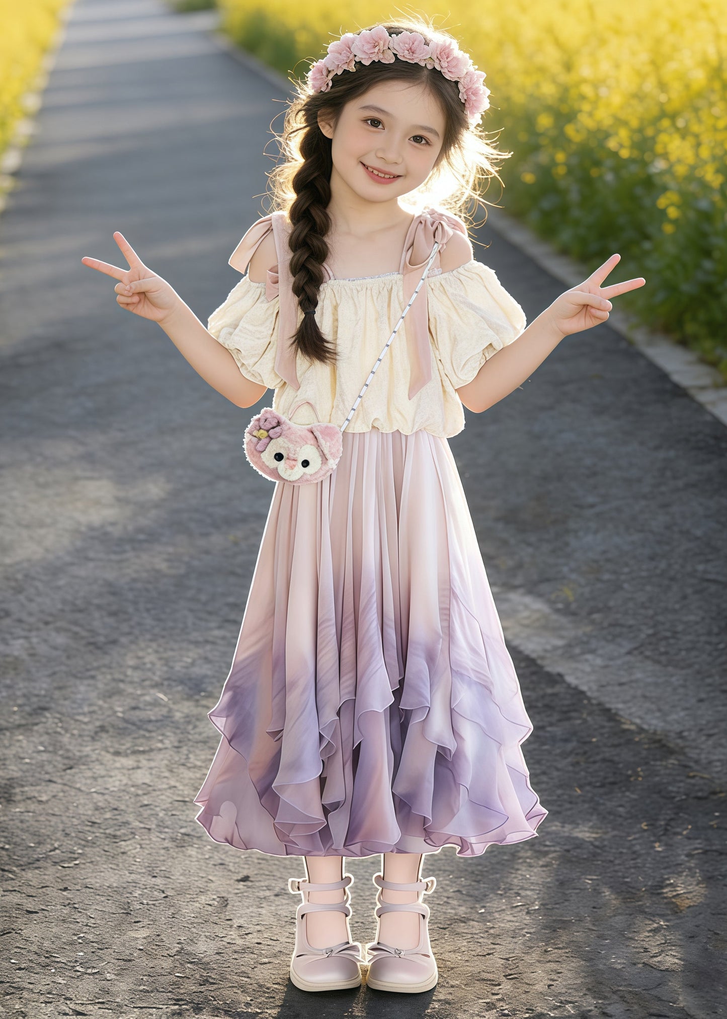 Cute Purple Cold Shoulder Tie Dye Cotton Baby Girls Two Pieces Set Summer