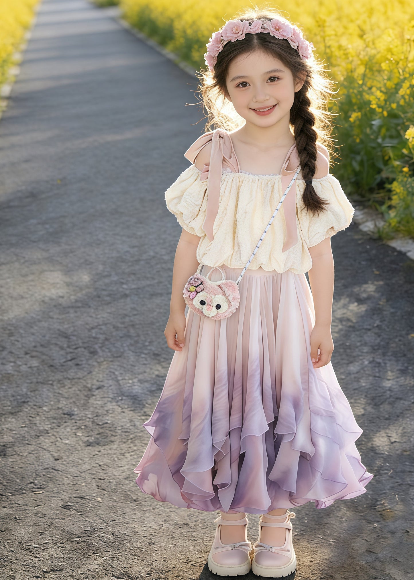 Cute Purple Cold Shoulder Tie Dye Cotton Baby Girls Two Pieces Set Summer