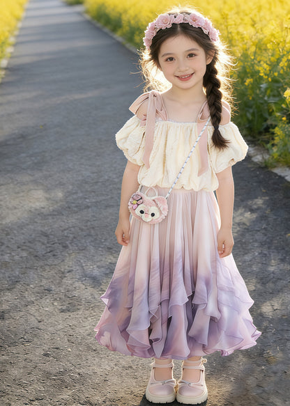 Cute Purple Cold Shoulder Tie Dye Cotton Baby Girls Two Pieces Set Summer