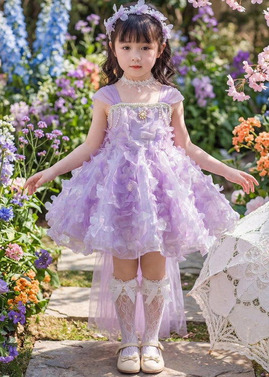 Cute Purple Nail Bead Tulle Girls Long Dress Summer