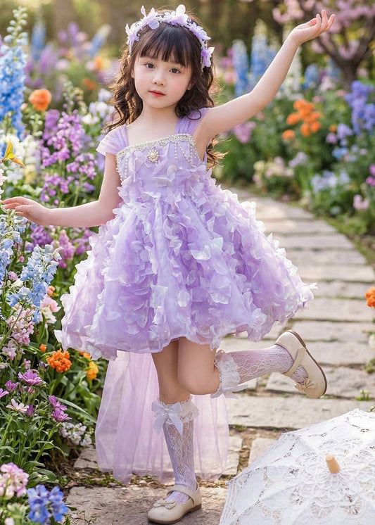 Cute Purple Nail Bead Tulle Girls Long Dress Summer