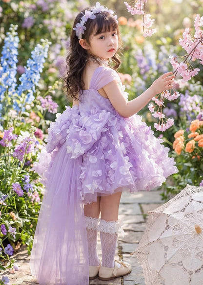 Cute Purple Nail Bead Tulle Girls Long Dress Summer
