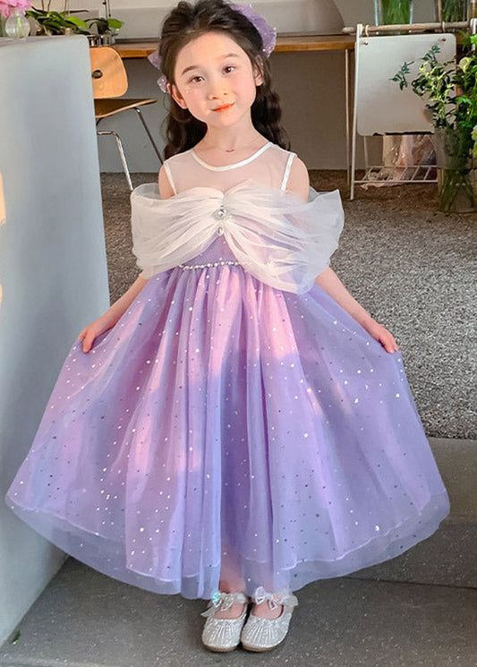 Cute Purple O-Neck Bow Tulle Girls Long Dresses Sleeveless