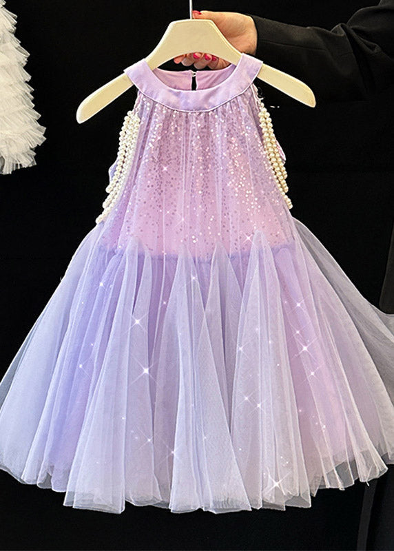 Cute Purple O-Neck Sequins Tulle Girls Long Dress Summer