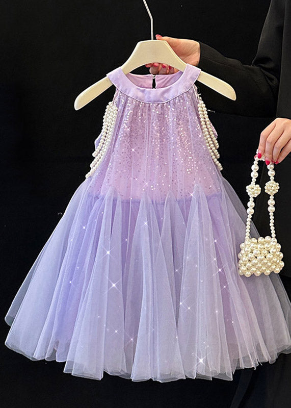 Cute Purple O-Neck Sequins Tulle Girls Long Dress Summer
