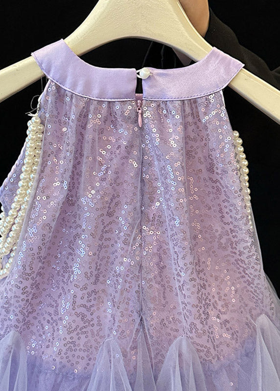 Cute Purple O-Neck Sequins Tulle Girls Long Dress Summer