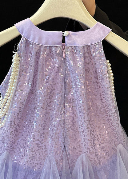 Cute Purple O-Neck Sequins Tulle Girls Long Dress Summer
