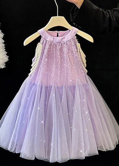 Cute Purple O-Neck Sequins Tulle Girls Long Dress Summer