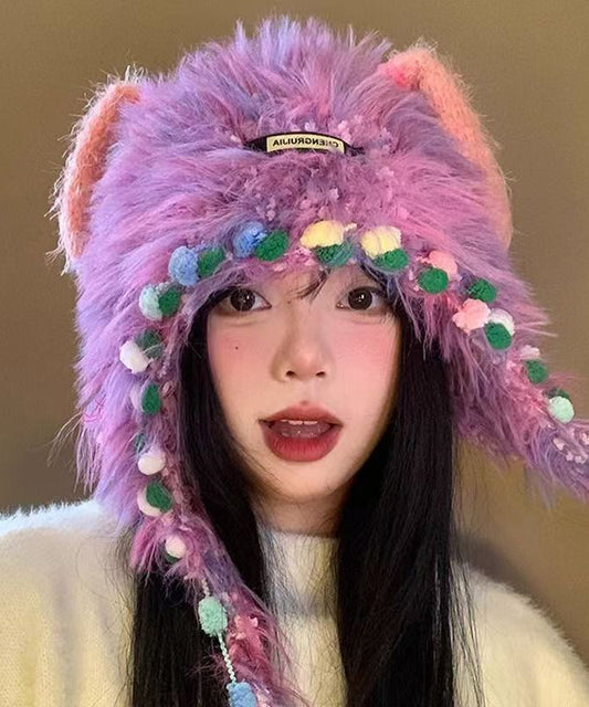 Cute Purple Thick Warm Fuzzy Fur Knit Bonnie Hat