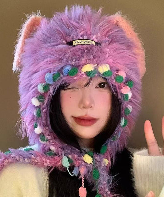 Cute Purple Thick Warm Fuzzy Fur Knit Bonnie Hat