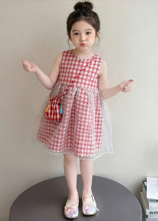 Cute Red Plaid Patchwork Tulle Baby Girls Day Dresses Summer