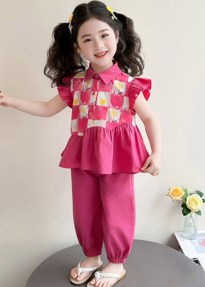 Cute Red Wrinkled Patchwork Kids Vest And Lantern Pants Two Pieces Set Short Sleeve
