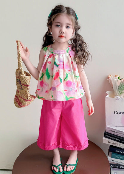 Cute Rose Print Back Bow Cotton Baby Girls Two Pieces Set Summer
