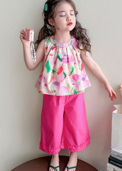 Cute Rose Print Back Bow Cotton Baby Girls Two Pieces Set Summer