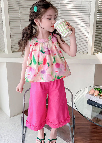 Cute Rose Print Back Bow Cotton Baby Girls Two Pieces Set Summer
