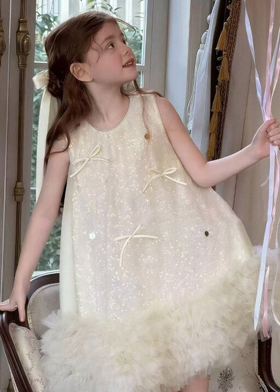 Cute Silver O-Neck Sequins Tulle Kids Holiday Maxi Dress Sleeveless