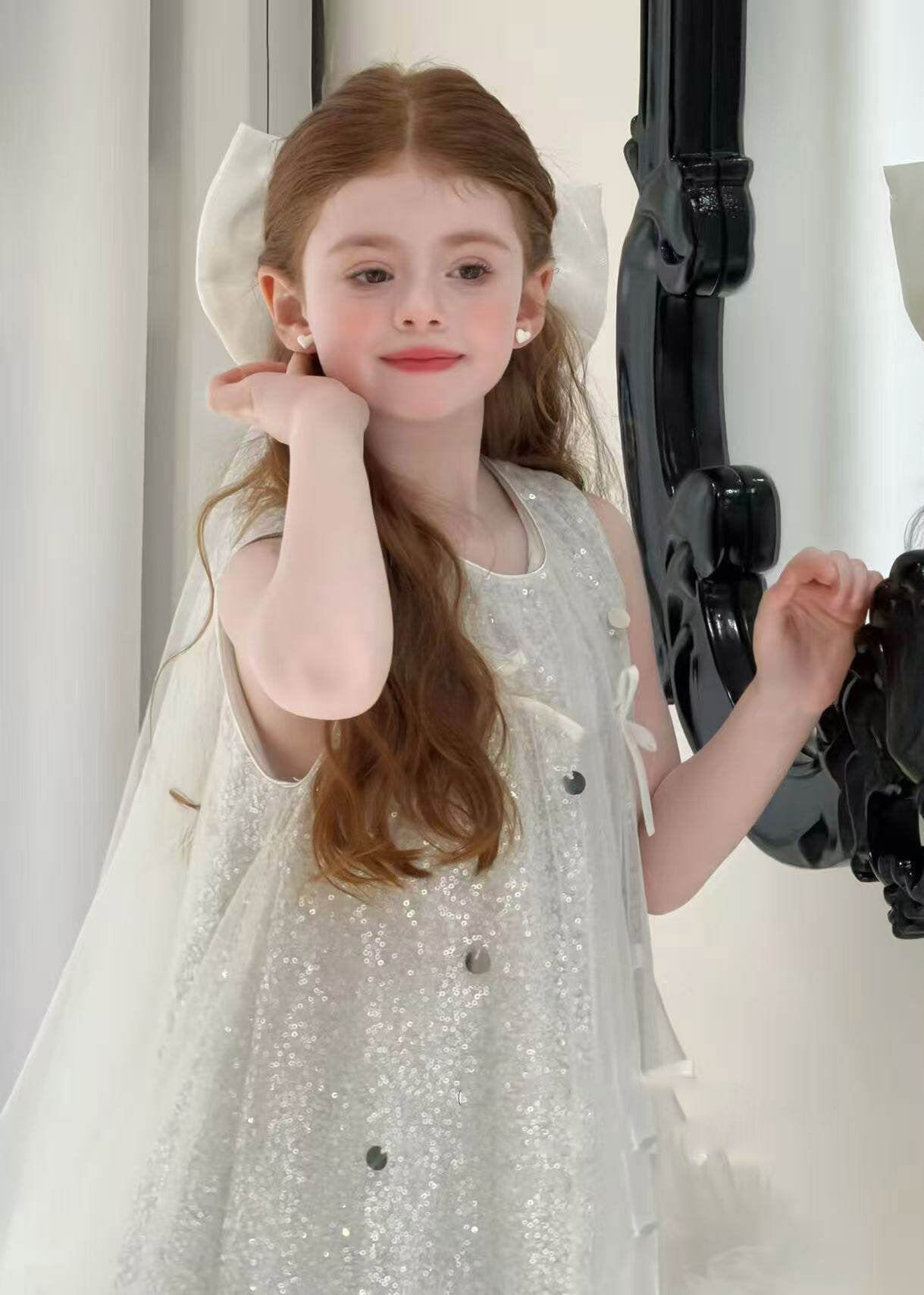 Cute Silver O-Neck Sequins Tulle Kids Holiday Maxi Dress Sleeveless
