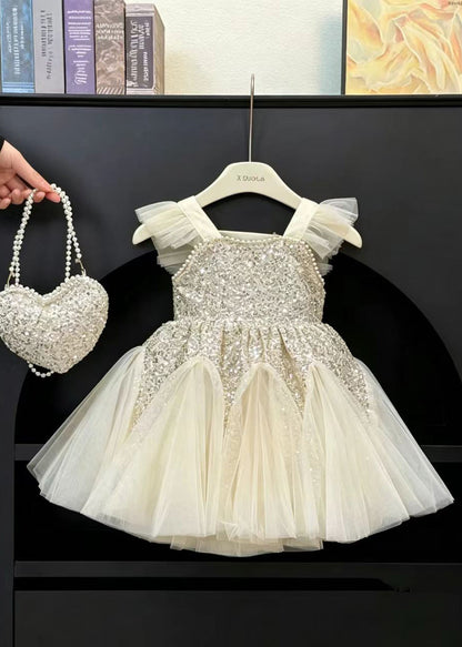 Cute White Sequins Patchwork Tulle Kids Girls Dress Summer
